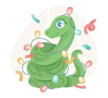 Cartoon snake wrapped in festive string lights vector