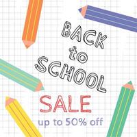 Back to school banner Sale. A checkered notebook with pencils. Colored pencils and colorful text banner, poster, background. vector