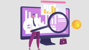 A Man Analyzing Business Graphs from Monitor with Magnifying Glass 2D Cartoon Animation video