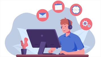 Male Custom Service Worker Checking Information from Computer 2D Cartoon Animation video