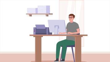 Office Worker in Front of His Desktop and Printing Papers from Printer 2D Cartoon Animation video