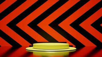 3d yellow empty podium with striped pattern, abstract arrow background. 3d illustration render video