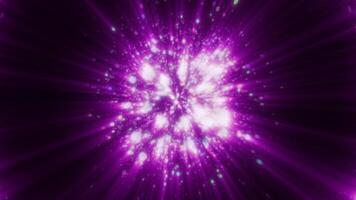 Abstract purple glowing energy molecule nucleus sphere atom round background with flying blurred dots bokeh particles, video