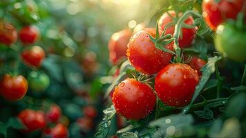 A cluster of ripe, red tomatoes hanging on a vine in a greenhouse, showcasing the abundance and healthiness of the produce video