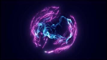 A glowing purple energy sphere with intricate patterns and vibrant light effects, floating in a dark space futuristic, technology video