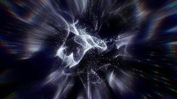Abstract burst of white particles and light streaks on a dark background, creating a dynamic, cosmic explosion effect. Perfect for technology, science, or space-themed designs video