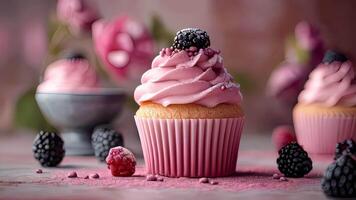 Cupcakes with blackberries and pink cream. Selective focus video