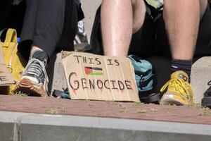 Billboard This Is Genocide At The Student Demonstration Free Palestinian At The UVA University Amsterdam The Netherlands 13-5-2024 photo