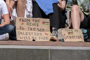 Billboard This Is Genocide An From The River To The Sea At The Student Demonstration Free Palestinian At The UVA University Amsterdam The Netherlands 13-5-2024 photo