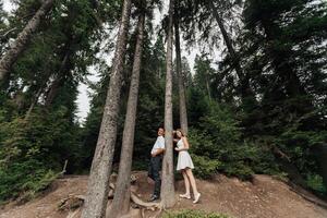 A couple is posing in front of a tree in a forest photo