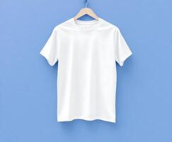 white t shirt blank mockup on solid color background. Dual side mockup. Front side and backside blank space. blue green yellow pink photo