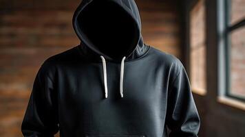 Blank hoodie mockup .Blank sweatshirt black color preview template front and back view on white background. crew neck mock up isolated on white background. Cloth collection. photo