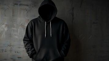 Blank hoodie mockup .Blank sweatshirt black color preview template front and back view on white background. crew neck mock up isolated on white background. Cloth collection. photo