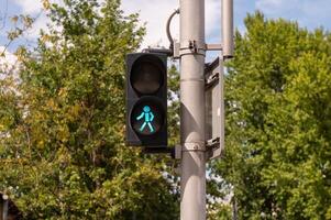 Pedestrian traffic light with a green signal against a background of trees and a blue sky photo