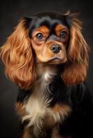 Cavalier King Charles Spaniel dog portrait on a dark background. Studio pet portrait. photo