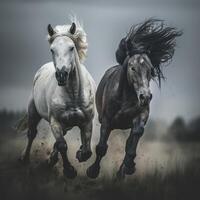 two horses running side by side in speed on dry soil field photo