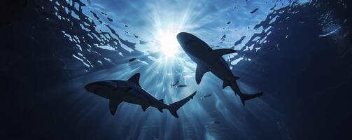 Silhouette of two sharks swimming in the deep blue sea, with sunlight shining through from above photo