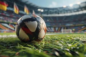 closeup of a soccer ball on grass in a stadium with blurred fans and flags of Germany in the background photo