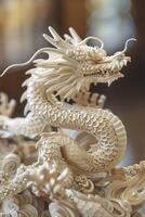A Chinese dragon made of beige colour beads with intricate details and swirling pattern on blur bokeh background photo