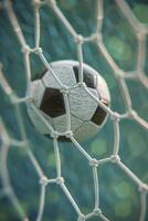 A soccer ball in goal post net with green field background photo