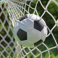 A soccer ball in goal post net with green field background photo