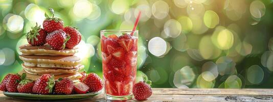 A stack of fluffy pancakes topped with fresh strawberries with a glass of red strawberry drink on a wooden table with blurred green bokeh background photo