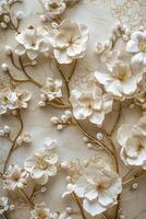 beige color cherry blossoms with golden branches on beige background photo