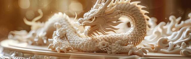A Chinese dragon made of beige colour beads with intricate details and swirling pattern on blur bokeh background photo