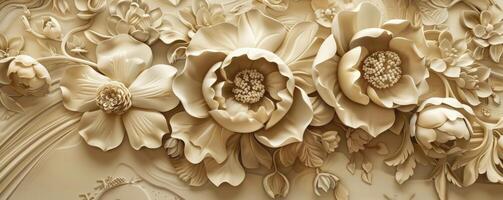 beige colour wood carving in flower pattern design stretch ceiling decoration photo