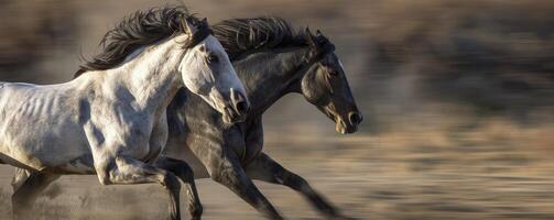 two horses running side by side in speed on dry soil field photo