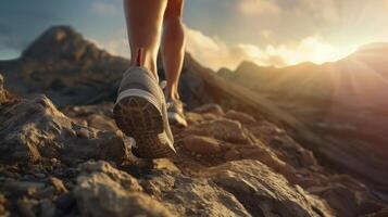 closeup of a womans feet in running shoes on a mountain trail with shiny sky and mountain background photo