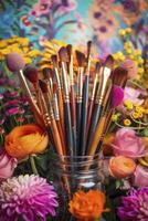 A vibrant and colorful background with an array of paintbrushes in a jar and surrounded by blooming flowers photo
