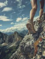 closeup of a womans feet in running shoes on a mountain trail with shiny sky and mountain background photo