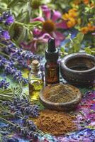 essential oils in glass dropper bottle with herbs and many vibrant flower in background photo