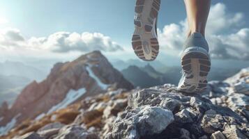closeup of a womans feet in running shoes on a mountain trail with shiny sky and mountain background photo