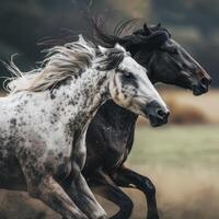 two horses running side by side in speed on dry soil field photo
