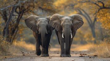 Two elephants walk side by side on a long path on jungle photo