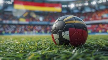 closeup of a soccer ball on grass in a stadium with blurred fans and flags of Germany in the background photo