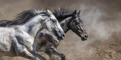 two horses running side by side in speed on dry soil field photo
