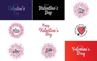 Happy Valentine s Day greeting background in papercut realistic style paper clouds flying realistic heart on string pink banner party invitation template calligraphy words text sign on copy space vector