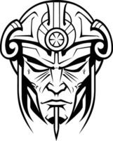 Intricate line art design of a warrior s face with ornate helmet, perfect for tattoo inspiration, branding, and graphic design projects vector