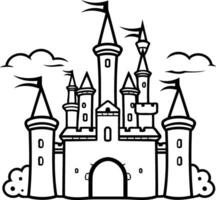 Black and white illustration of a fairytale castle with multiple towers, flags, and clouds vector