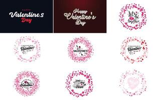 Happy Valentine s Day greeting background in papercut realistic style paper clouds flying realistic heart on string pink banner party invitation template calligraphy words text sign on copy space vector