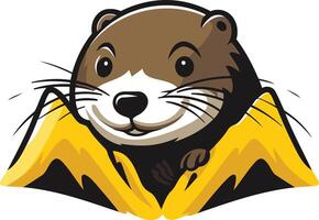 A cute and friendly cartoon otter peeking out from behind a yellow and black cape, perfect for a mascot logo, children s book illustrations, or playful branding vector