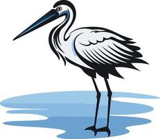 A graceful heron stands on a blue water surface, its long neck and sharp beak creating a striking silhouette vector