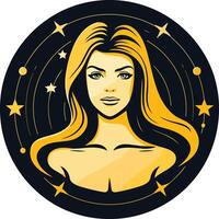 A stylized illustration of a woman s face within a circle with a celestial background vector