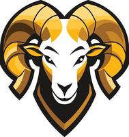 A bold and striking element illustration of a ram s head, featuring large, stylized horns in a vibrant gold color vector