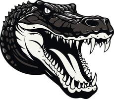 A fierce, black and white illustration of an alligator s head with its mouth wide open, showcasing sharp teeth vector