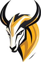 Bold and powerful, this stylized bull s head logo design features a striking color palette of yellow, white, and black vector