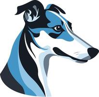 A stylized, minimalist illustration of a greyhound s head, featuring a blue and black color scheme vector